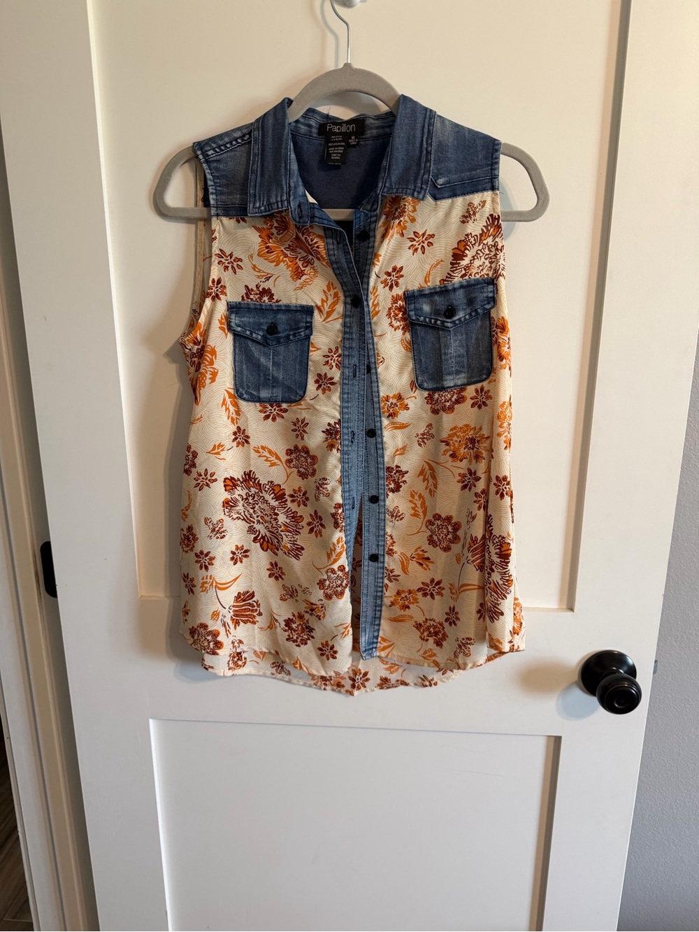 Papillon Blanc Cream Floral Tank with Denim Trim